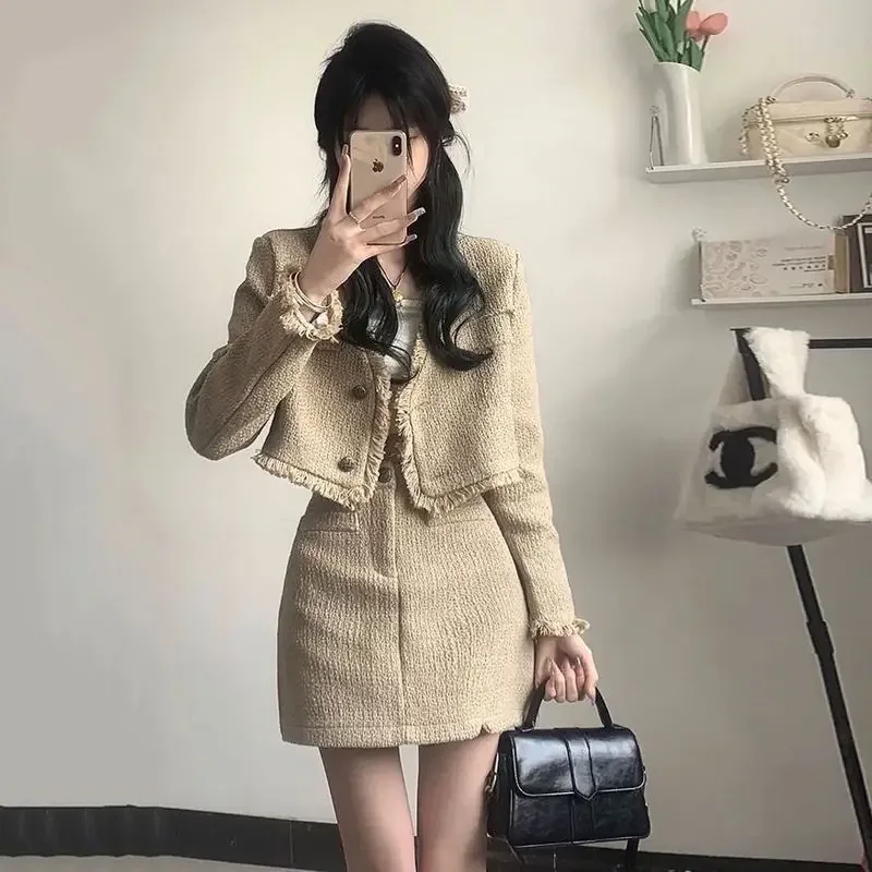 

UNXX 2024 Autumn New Small Fragrance Style Ladies Two-piece Tweed Long-sleeved Suit Ladies Short Coat High-waisted Skirt Suits