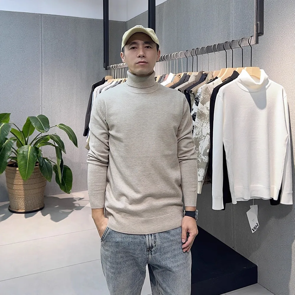 

Осенний новый базовый однотонный мужской вязаный свитер с высоким воротником, базовый слой, топ, повседневный длинный свеч, дышащий, удобный