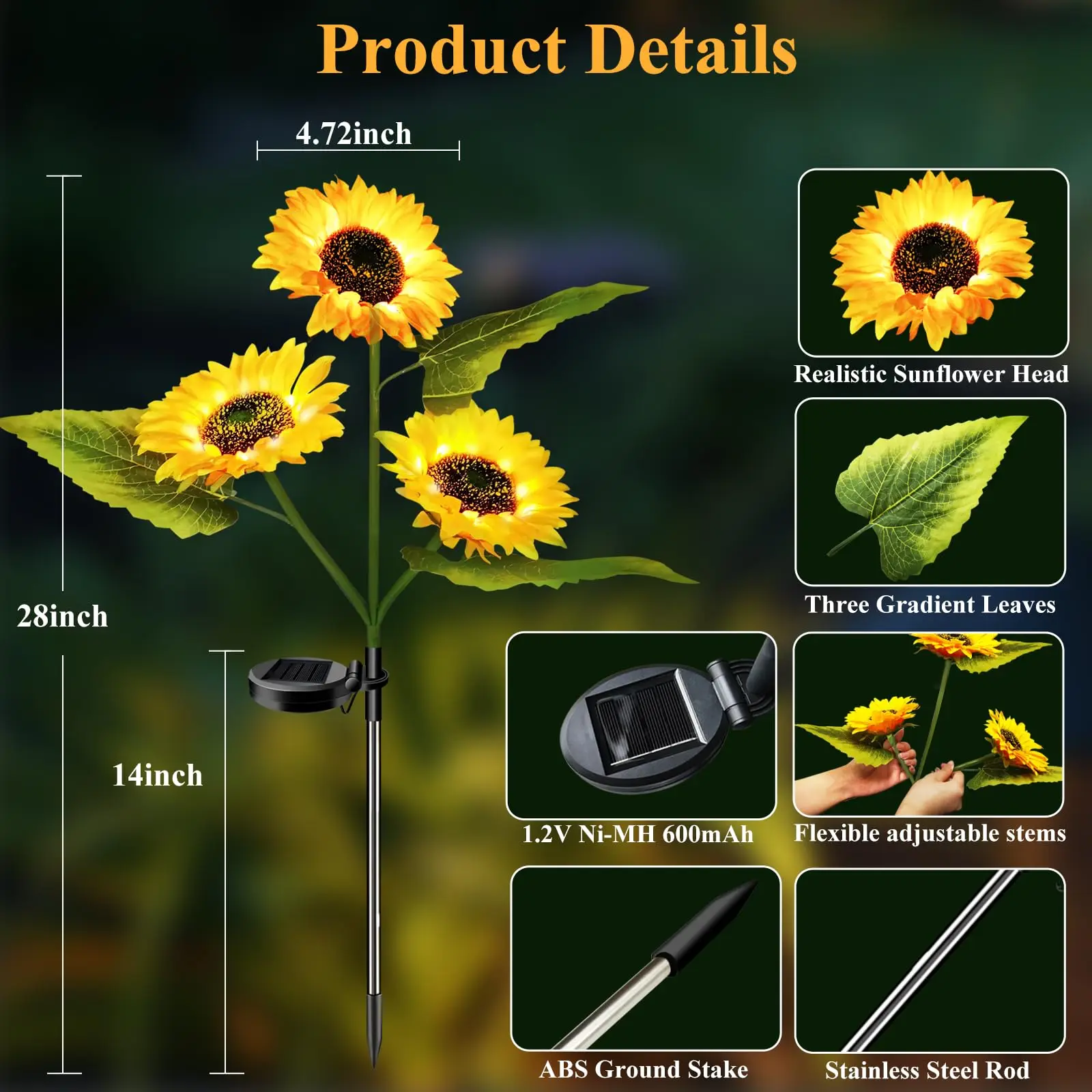 Garden Lights Solar Powered 3 Pack Solar Outdoor Lights with 9 Bigger Sunflower Waterproof Realistic Solar Flowers Light Pathway