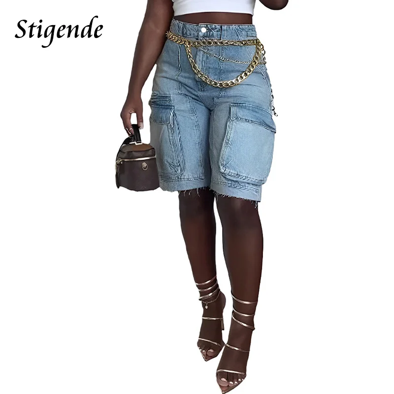 Summer Patchwork Shorts Jeans Women Pocket Straight Denim Shorts XXXL Ladies Fashion Bodycon Cargo Pants Streetwear