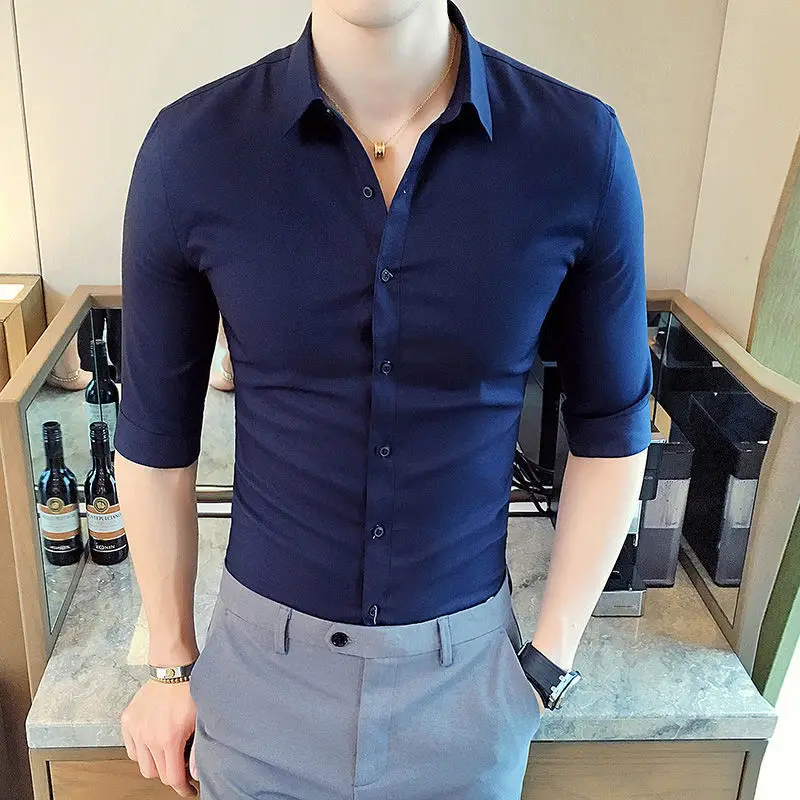 Spring Summer Korean Fashion Polo-neck Solid Color Shirt Hombre 3/4 Sleeve All-match Bottoming Cardigans Top Men Casual Blouse