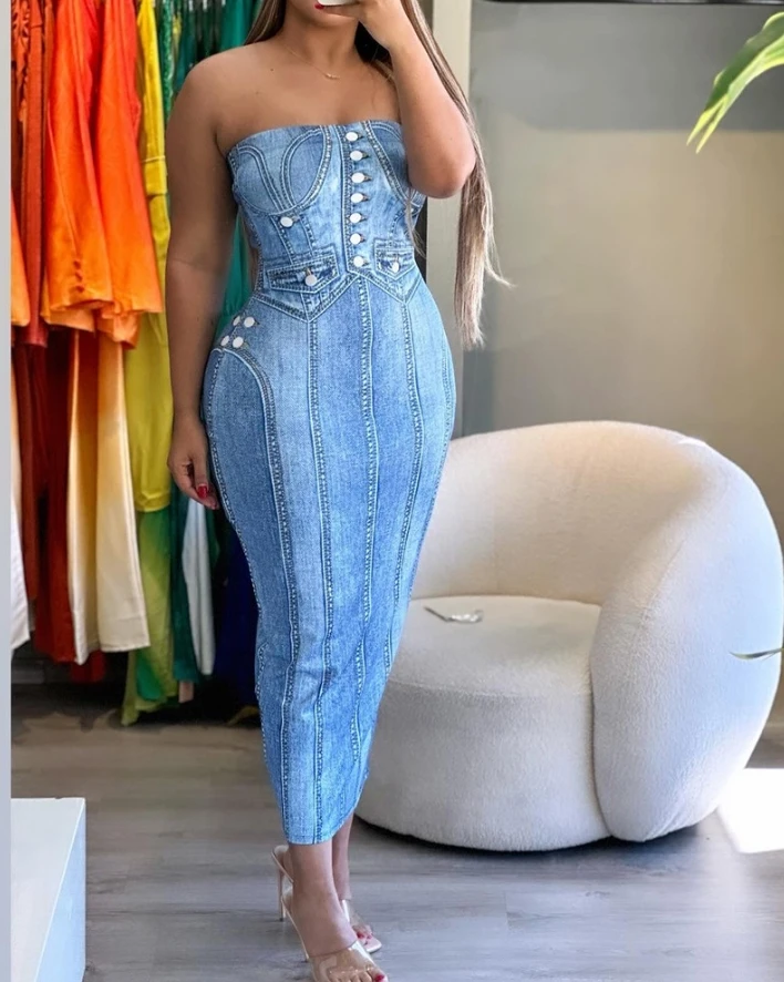 

Sexy Women's Dress 2024 Summer 3D Fake Denim Look Print Sleeveless Strapless Midi Bandeau Skinny Split Maxi Bodycon Dress Street