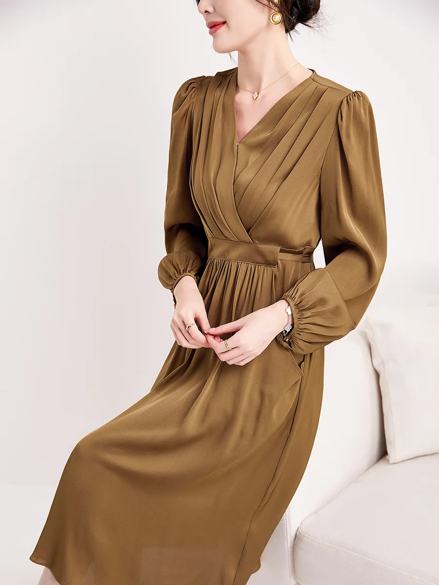 Birdtree 19MM 92.3%Mulberry Silk Elegant Dresses V-neck Long Sleeves High-end Designed Loose Dress Autumn New Skirt D30728QM