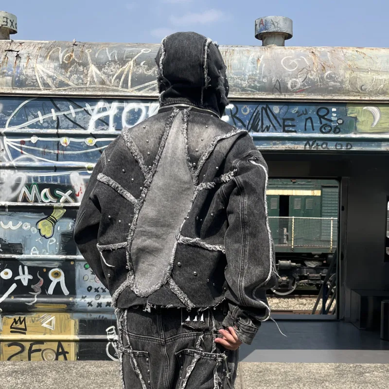 HKSH Spring Autumn Men Tide Punk Deconstructed Stylish Detachable Distressed Hooded Denim Jacket Patchwork Chic Ins Coat HK17703