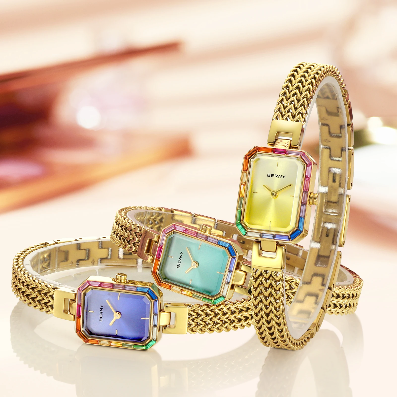 BERNY Gold Women's Watch Jewelry Wristwatch Luxury Colorful Stone Bracelet Set Quartz Minimalist Multicolor Small Ladies Watches - Image 4