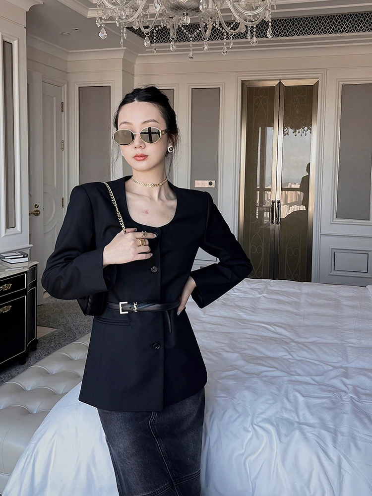 

Женский приталенный пиджак Les Ruelle с длинным рукавом, черный, с U-образным вырезом, простой, модный, для офиса, однотонный, весна-осень