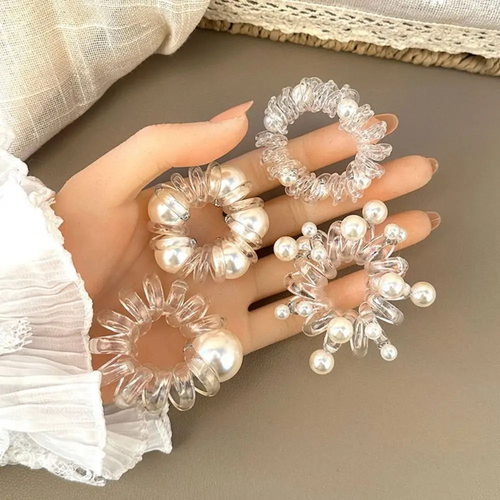 Fashion TPU Telephone Line Hair Rope Elastic Scrunchies Transparent Hair Ring Korean Style Hair Ties Pearl Ponytail Holder Daily