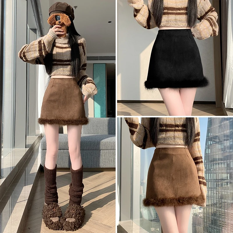 Retro Pittig Meisje Herten Huid Fluwelen Herfst Winter Nieuwe Sle A-lijn Rok Wrap Body f-lengte Rok Hoge Taille ort Rok