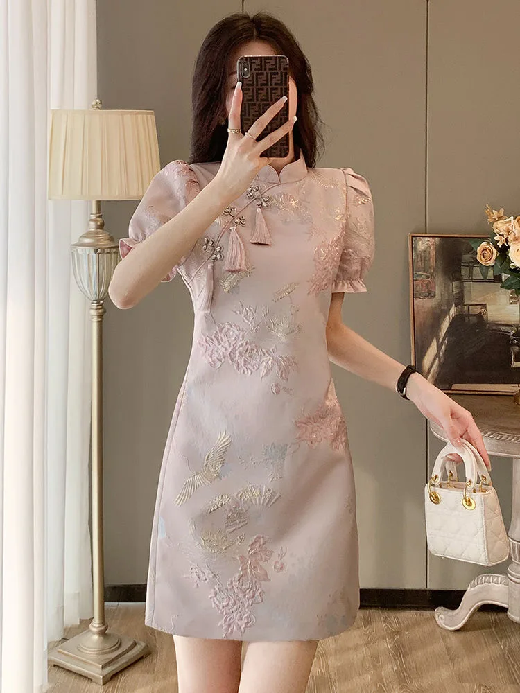 Chinese Style Elegant Cheongsams Dress Summer Women Vintage Floral Embroidery Qipao Mini Dress Lady Chic Tassels Slim Vestidos