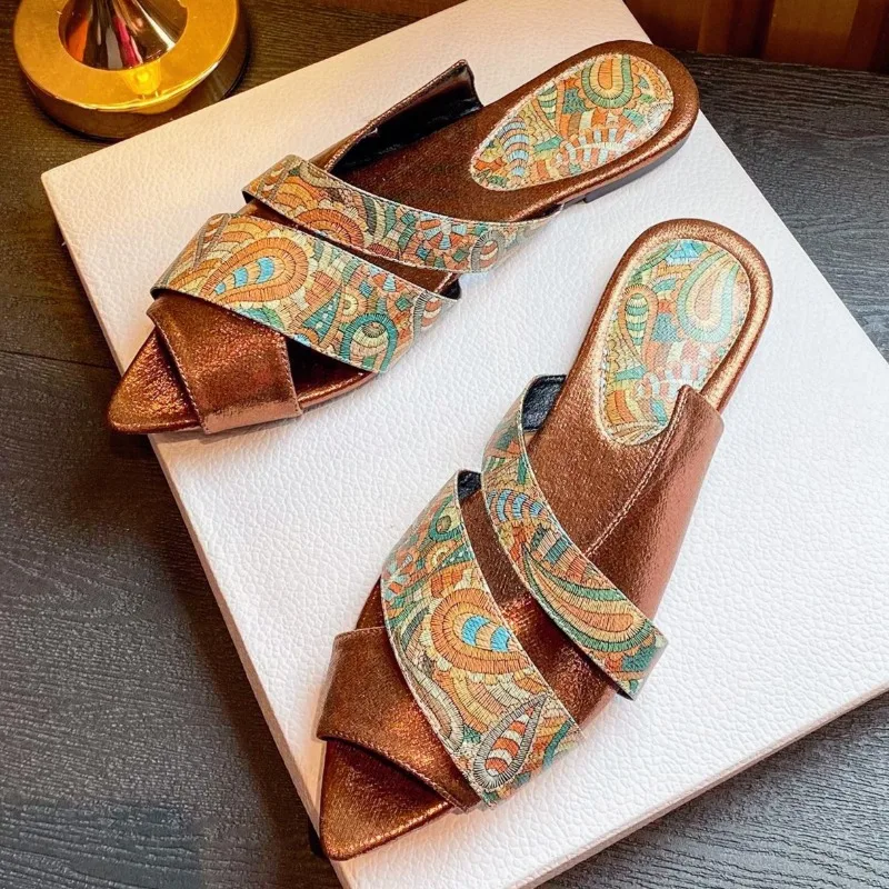 

Ethnic Style Totem Printed Beach Slippers Women Summer Sexy Pointed Peep Toe Flat Sandals Casual Light Non-Slip Ladies Slides