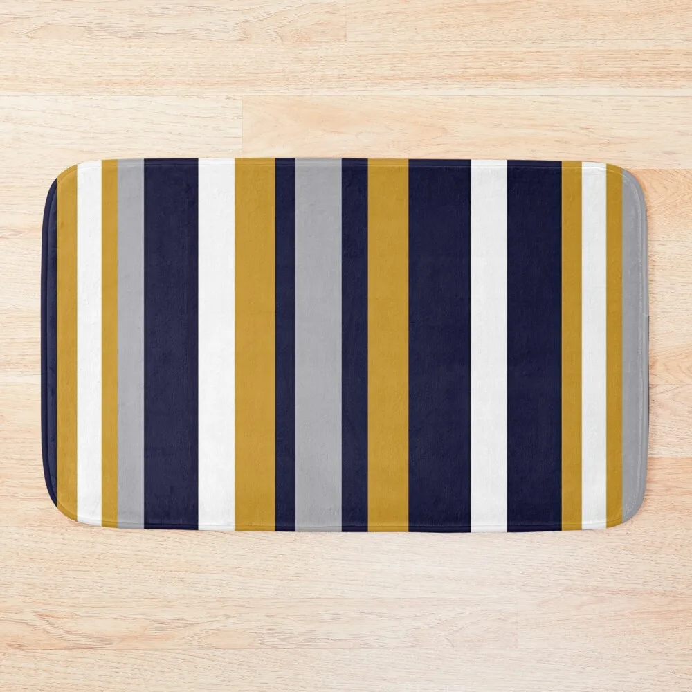 Patrón vertical de rayas modernas en amarillo mostaza miel, azul marino oscuro, gris y blanco. Alfombra de baño minimalista con bloques de color