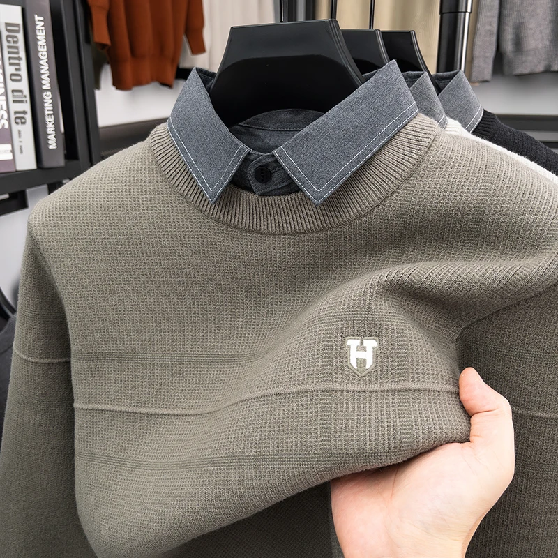 Men’s Knit Sweater Fake Two Piece Layered Design Long Sleeve Round Neck Soft Warm Fabric Casual Fashion Autumn Winter Men’s We