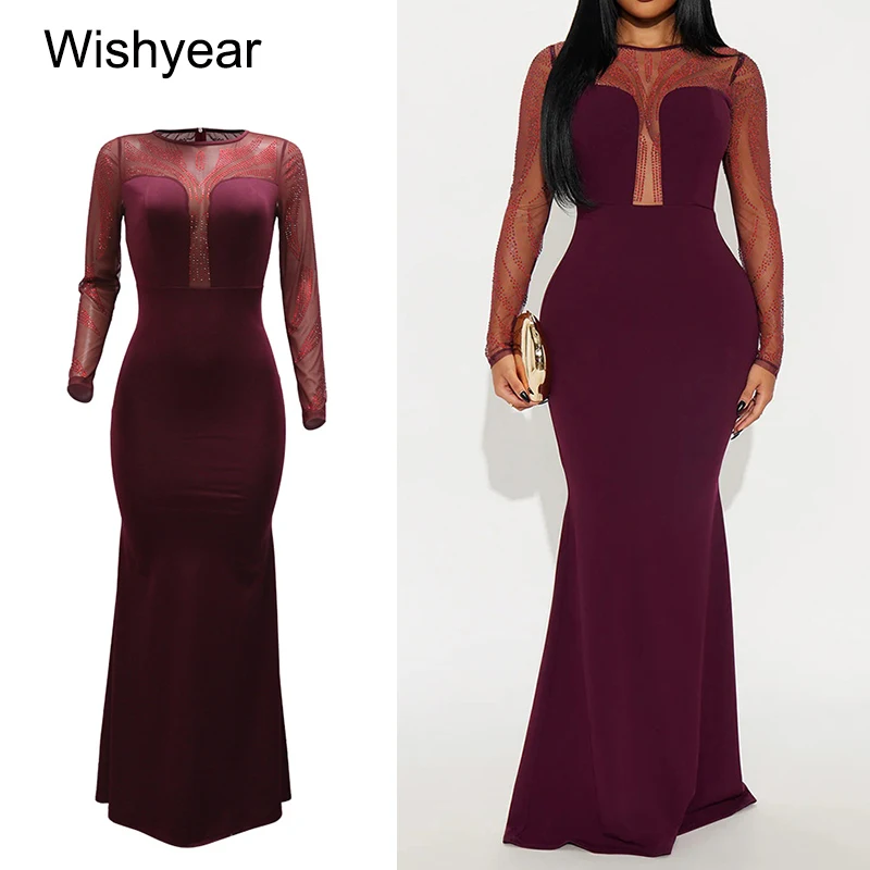 جديد أنيقة مطرز حجر الراين س الرقبة Bodycon حورية البحر فستان ماكسي المرأة بقماش شفاف كم طويل ثوب مسائي حفلة موسيقية Vestidos 2026 #1