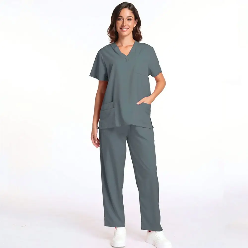 Professional Women Scrub Uniform V Neck Short Sleeve Breathable Workwear Suit For Doctor Nurse Hospital Clinic Apparel