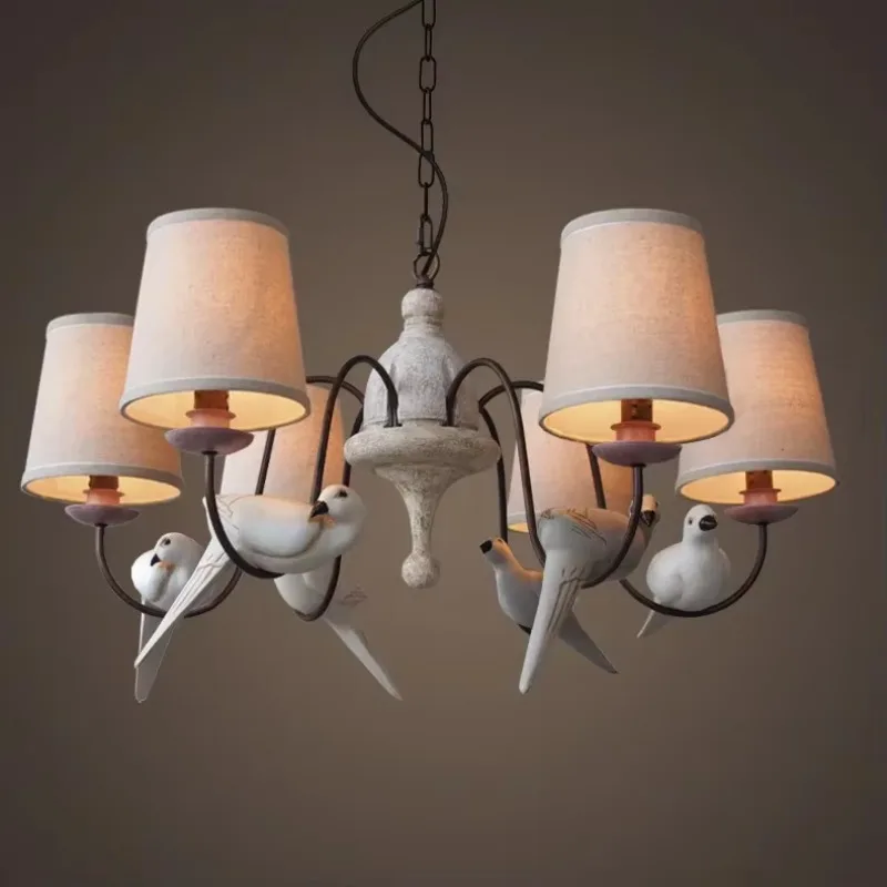 Designer lights, creative American country retro living room dining room lamps cafe three birds six chandeliers view 6
