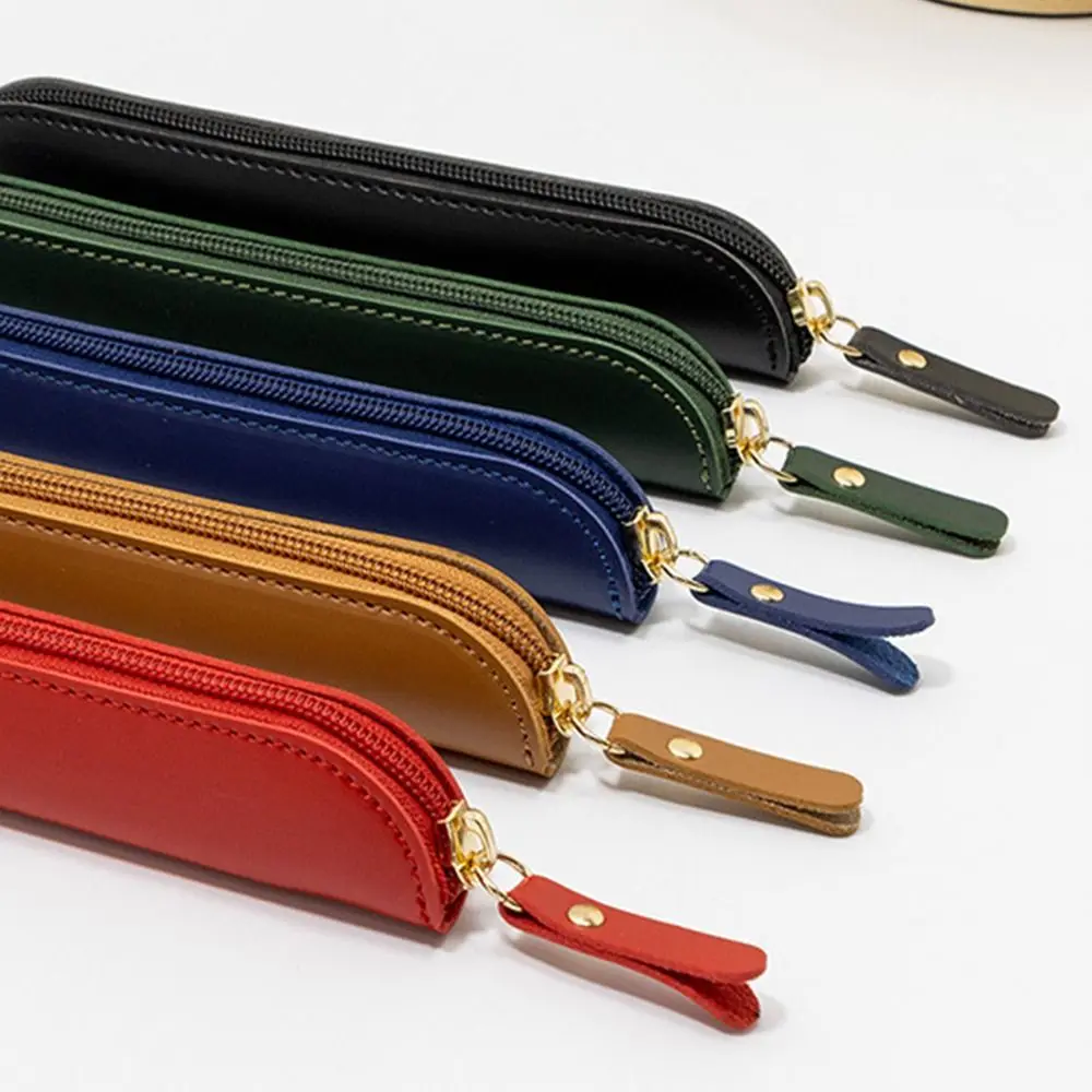 Solid Color PU Leather Pen Bag Stationery Storage Bag Pen Protective Bag Student Business Curved Zipper Portable Pen Pouch