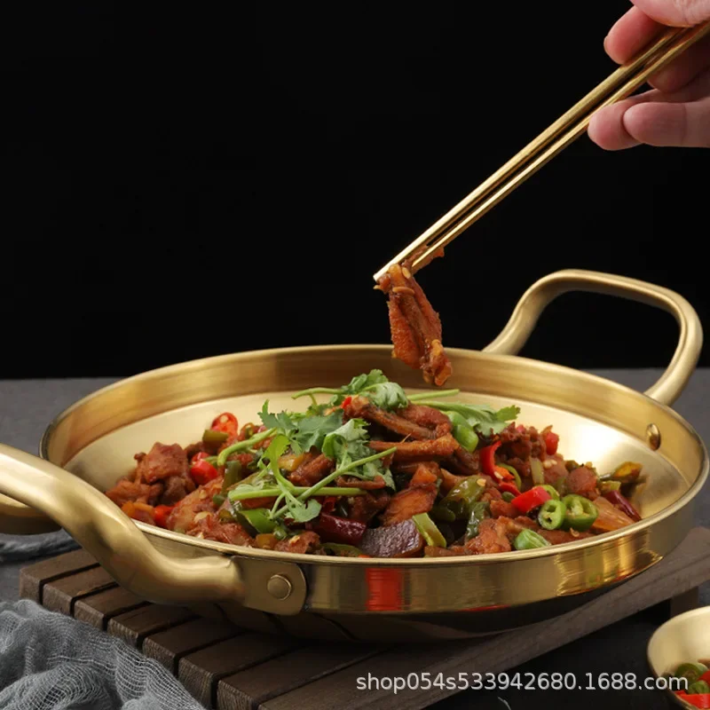 

Thickened Golden Korean Army Stainless Steel Hot Pot, Commercial Fried Chicken, Double Ear Flat Bottom Seafood Rice Pot