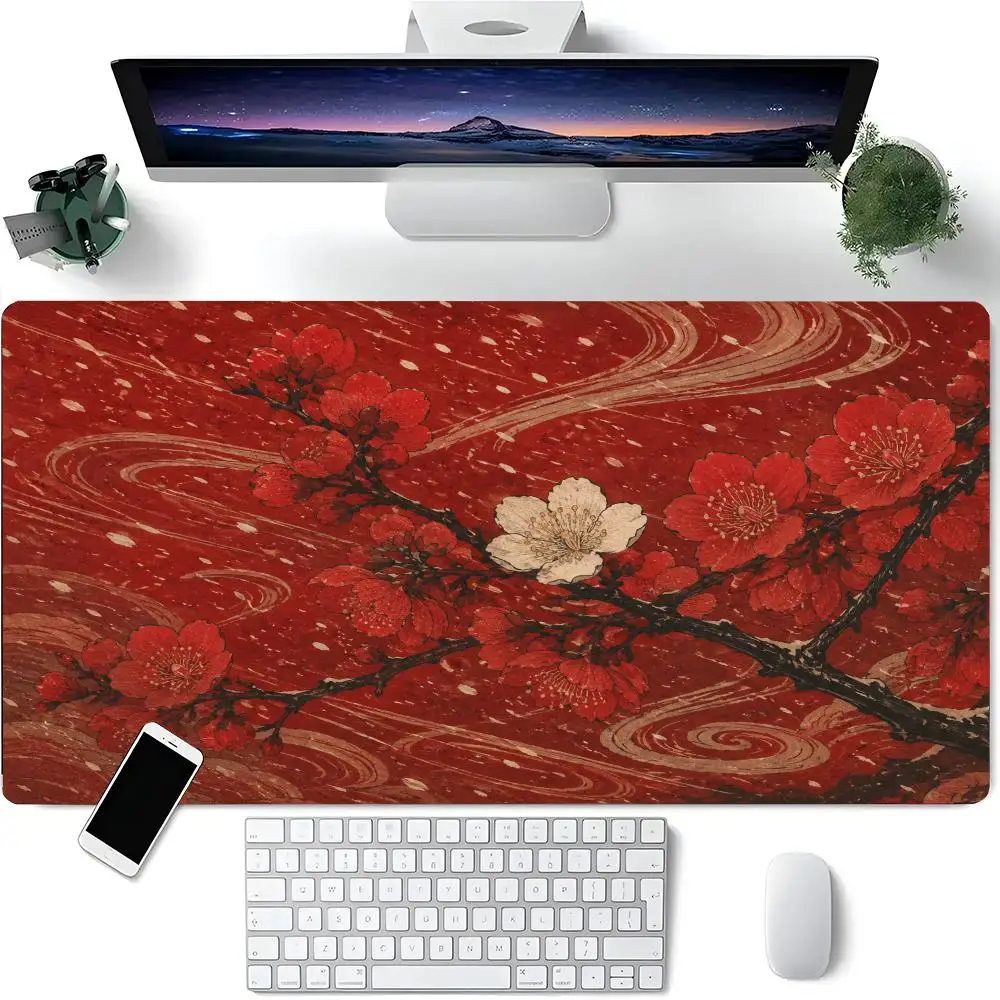 Tapis de souris de jeu de grande taille, style chinois, fond rouge, branche de prunier, texture ondulée rétro, résistant à l'usure, tapis de bureau pour ordinateur