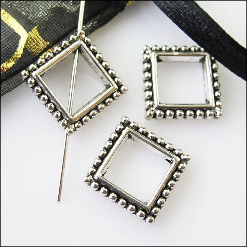 16Pcs Antiqued Silver Color Square Circle Spacer Beads Frame Charms 13mm