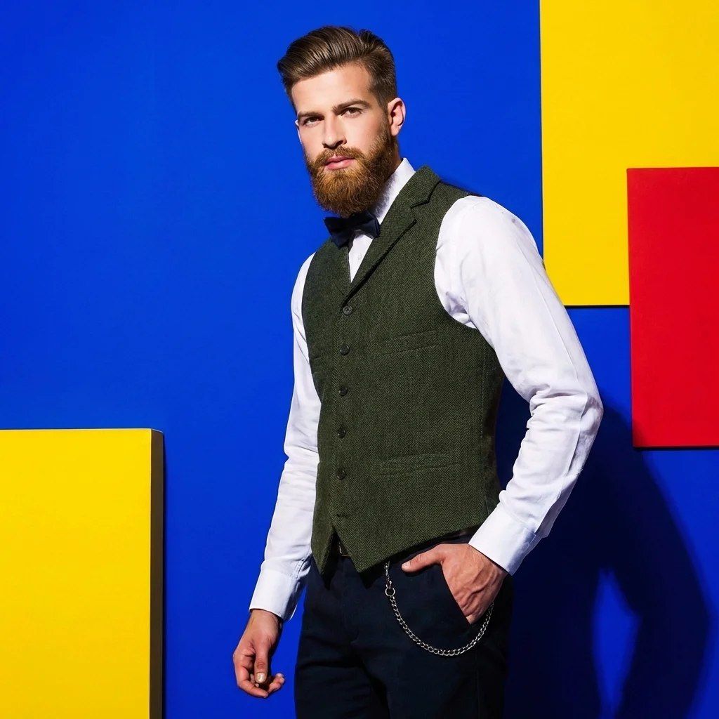 

Men Vests Suit Tweed Wool SIngle-Breasted Wedding Waistcoat Brown Black For Groomsman