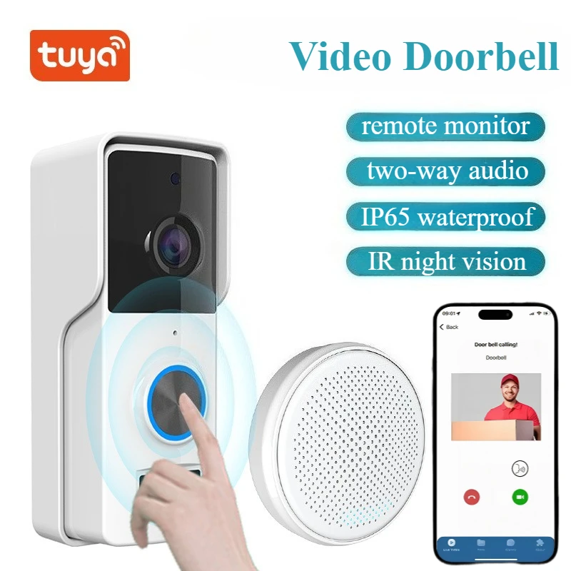 

Tuya Outdoor Wireless Doorbell Wifi 2-Way Audio IR Night Vision Intercom Video Digital Door Peepholes IP65 Waterproof Door Bell