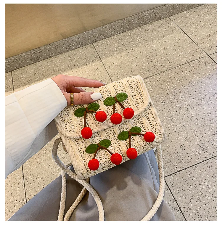 Women's Retro Straw Weave Crossbody Bag Summer Handmade Rattan Woven Small Square Bags Boho Fashion Cherry Beach Messengers Bag