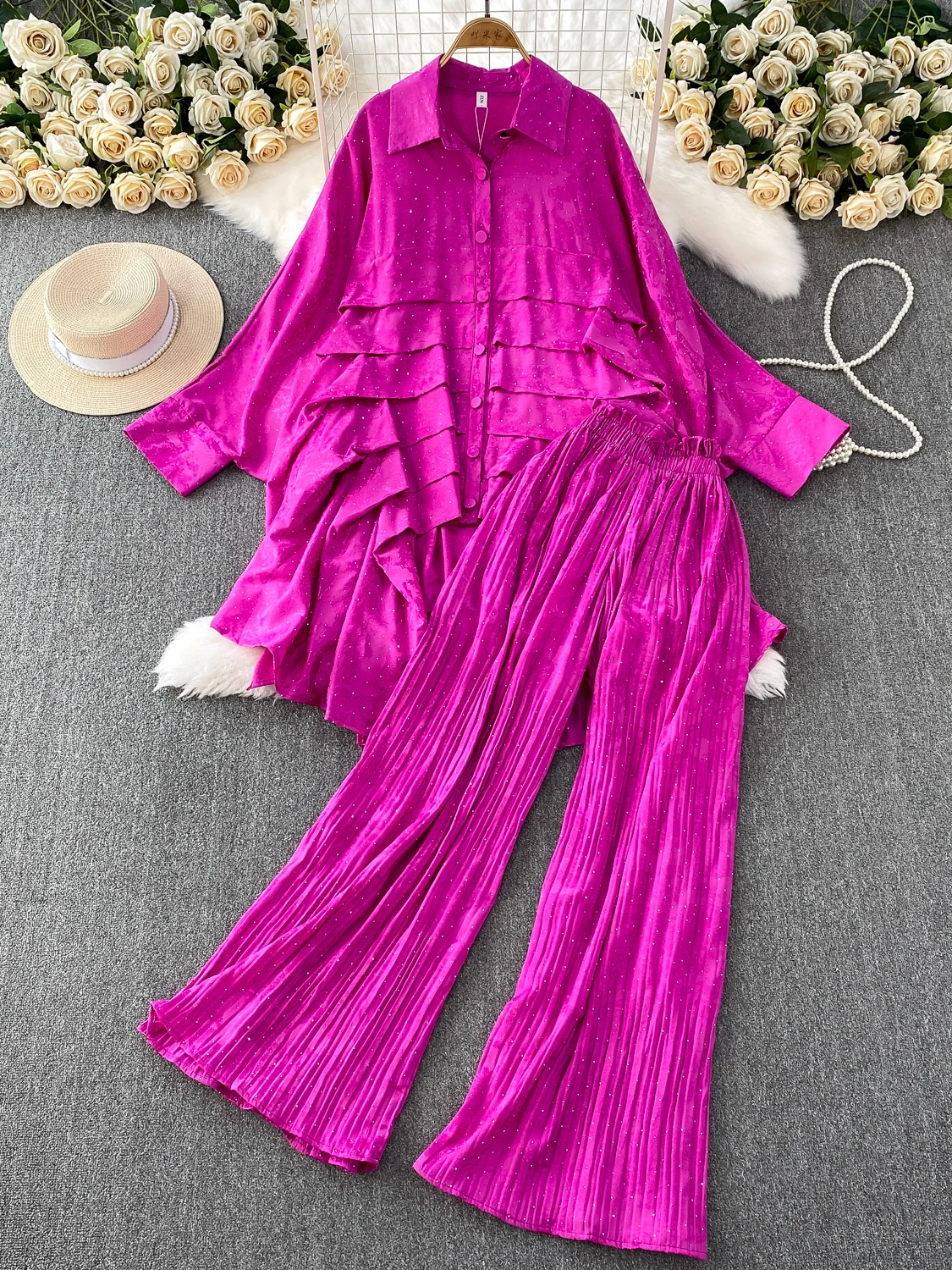 

Long Sve Wind Flip Collar irt Diamond Embellied High Waist Slimming Pleated Wide Leg Pants Two Piece Faion Set for Y...