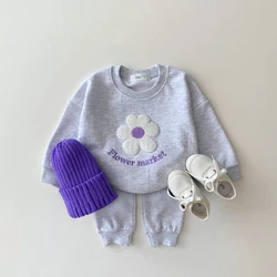 2023 South Korea New Fashion Flower Embroidery Baby Girls Long Sleeve Set Baby Sweatshirt+Casual Pants 2-Piece Baby Newborn Set