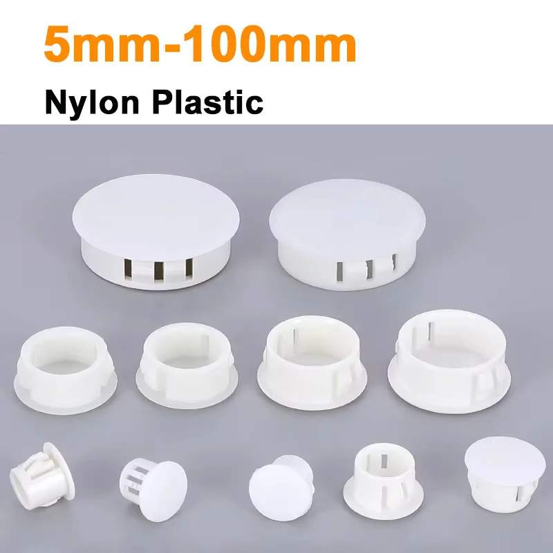 White Round Nylon Plastic Snap on Hole Plug 5mm-100mm Caps Wall Cable Desk Covers Round Furniture Hole Bung