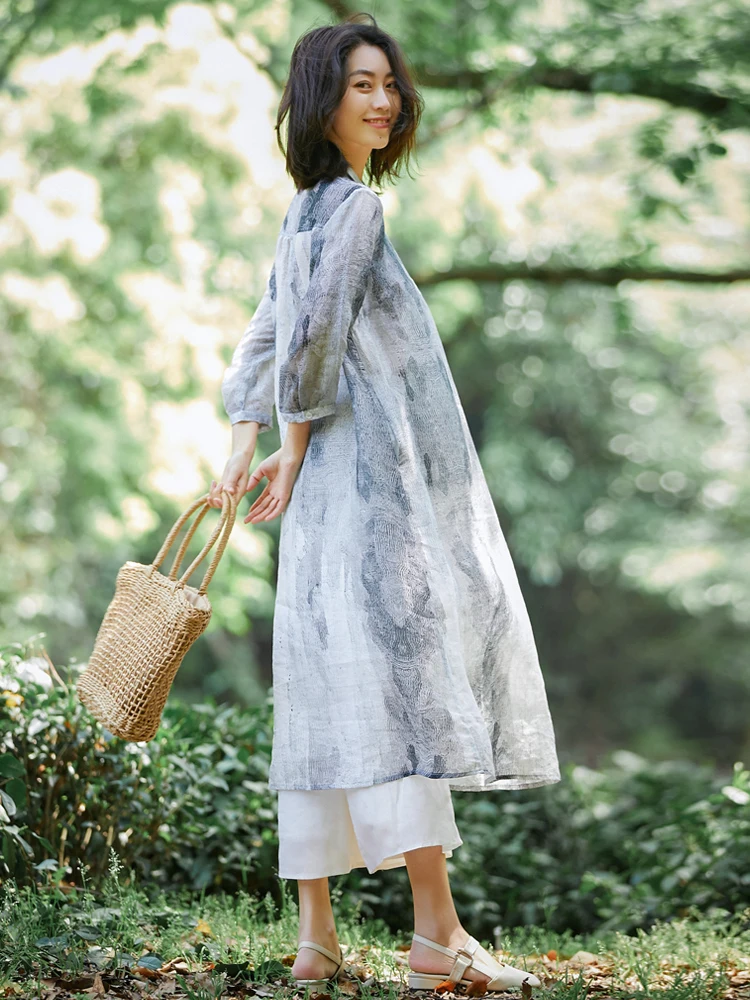 Novedad de verano, vestido holgado de ramio para mujer, vestido fino Retro elegante de longitud media con estampado de algodón y lino N748