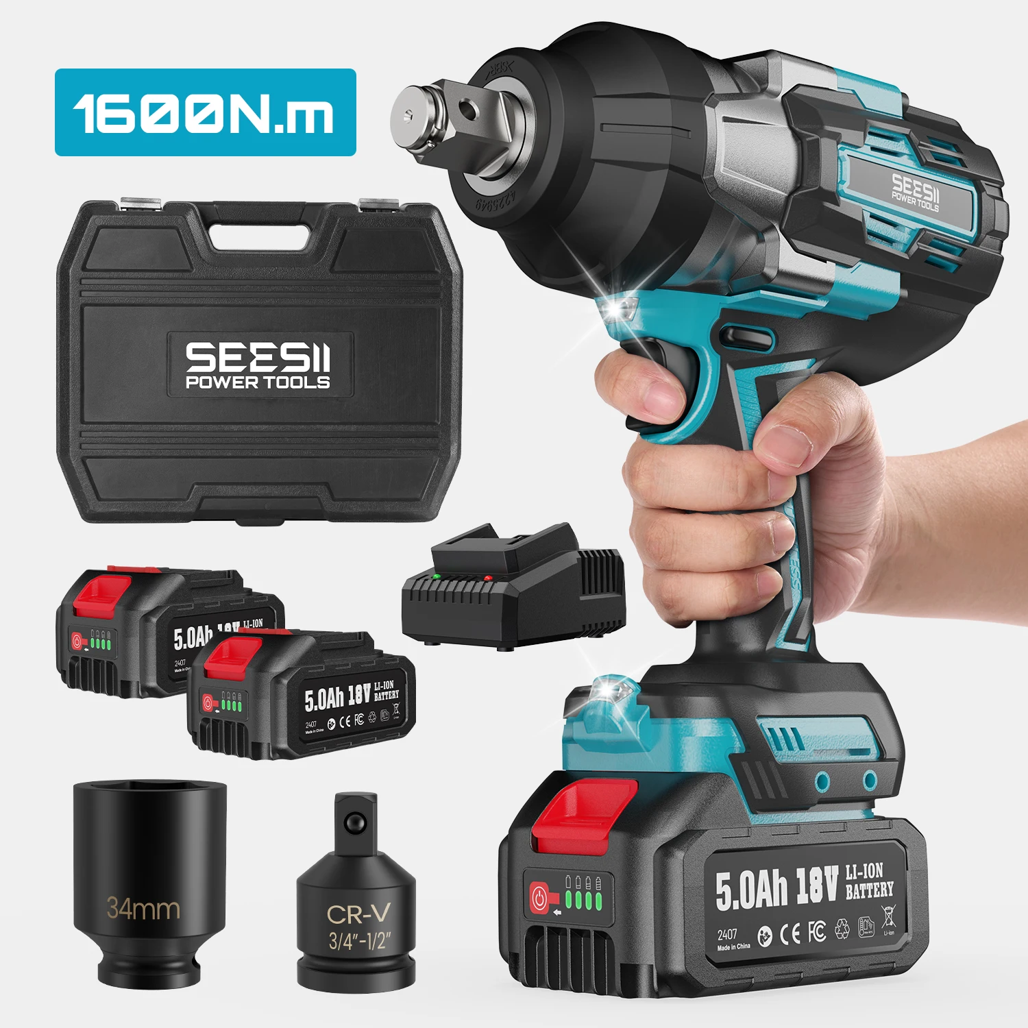 SeeSii WH1600P 1600N.m Kabelloser Schlagschrauber mit Hohem Drehmoment, Bürstenloser Elektrischer Schlagschrauber-Set mit 2*5,0Ah Akkus und LED-Licht für LKW und Schwerlastarbeiten