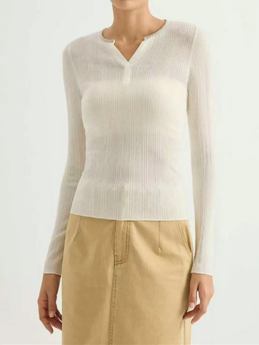 Autumn Winter 2026 V-neck Long Sleeved Knitted Sweater Wool Blend Top