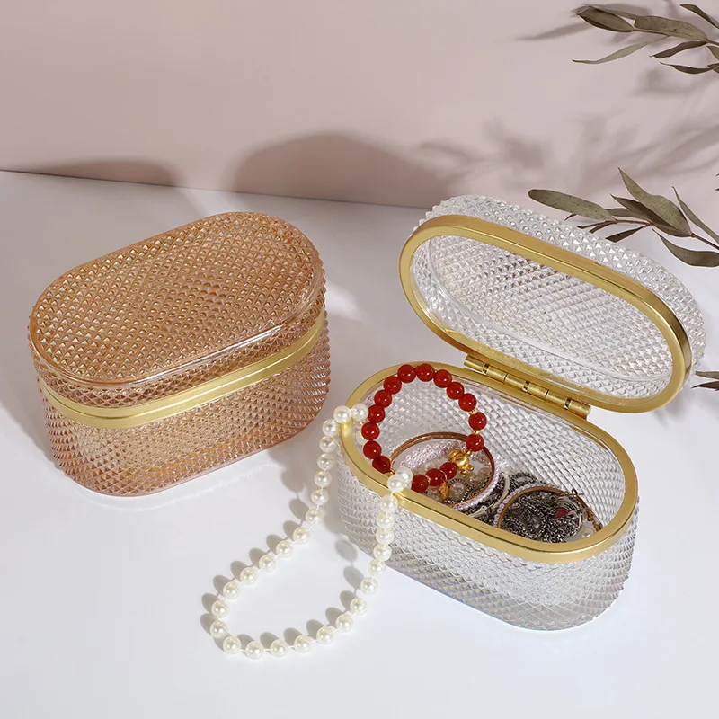 Simple modern relief transparent glass jewelry storage box Home dust box with cover jewelry storage display box