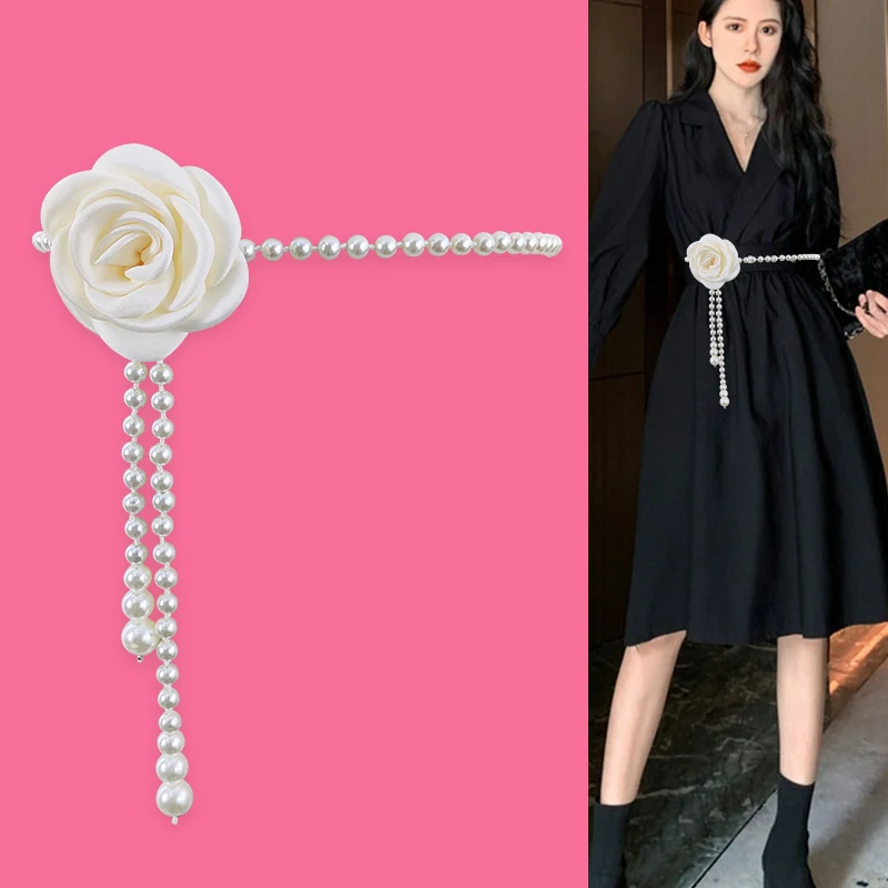 Cinturones de diseñador para mujer, cinturón largo blanco de lujo de alta calidad con perlas, pretina para vestido de mujer, corsé ajustable con flores