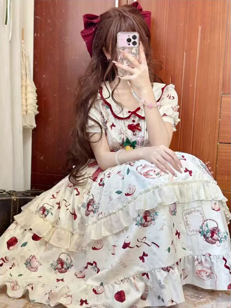 日本のプレッピースタイルプリントロリータドレスガールかわいい甘い半袖ラペル A ラインドレスデザイン素敵な弓かわいい服新しい
