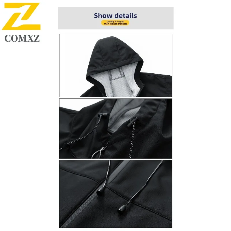 COMXZ الرجال خندق معطف مقاومة للخدش فضفاض رياضي المشي لمسافات طويلة مقنعين مقاومة للاهتراء السفر جاكيتات 2025 التخييم تنفس سترة