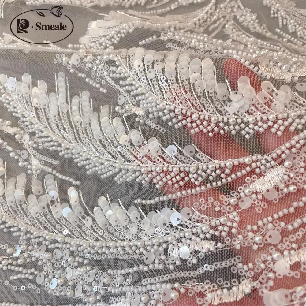 Weißes Fischschwanz-Kleidungs stück, Feder flügel, Perlen Porzellan, DIY Hochzeits kleid Stickerei, Spitzen zubehör, 130x30cm – Detail 3