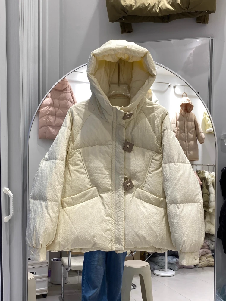 2025 신상 여성용 후드 스퀘어 버클 브레드 다운 자켓 패션 캐주얼 90% 화이트 덕 오버코트 겨울 아우터