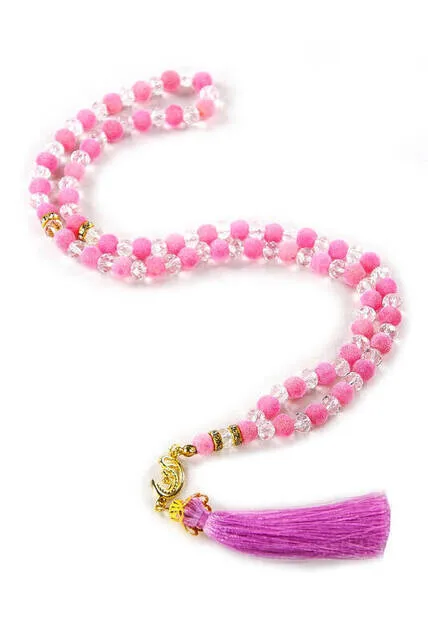 IQRAH Custom Velvet Patterned Tasseled 99-lated Crystal Pilgrimage Umrah Gift Rosary-Pink