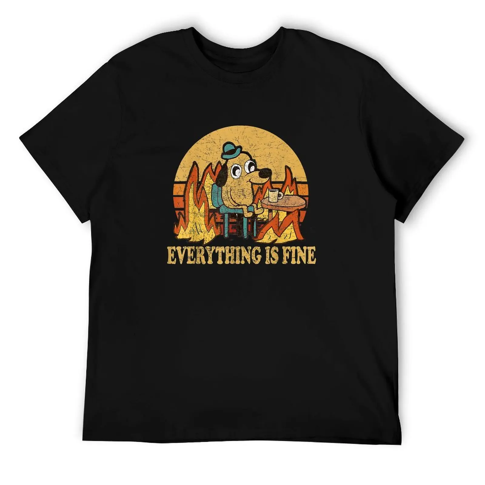 

Everything Is Fine Dog Drinking Coffee Burning Meme T-Shirt cotton t shirt man t shirts for man graphic vintage T-Shirt