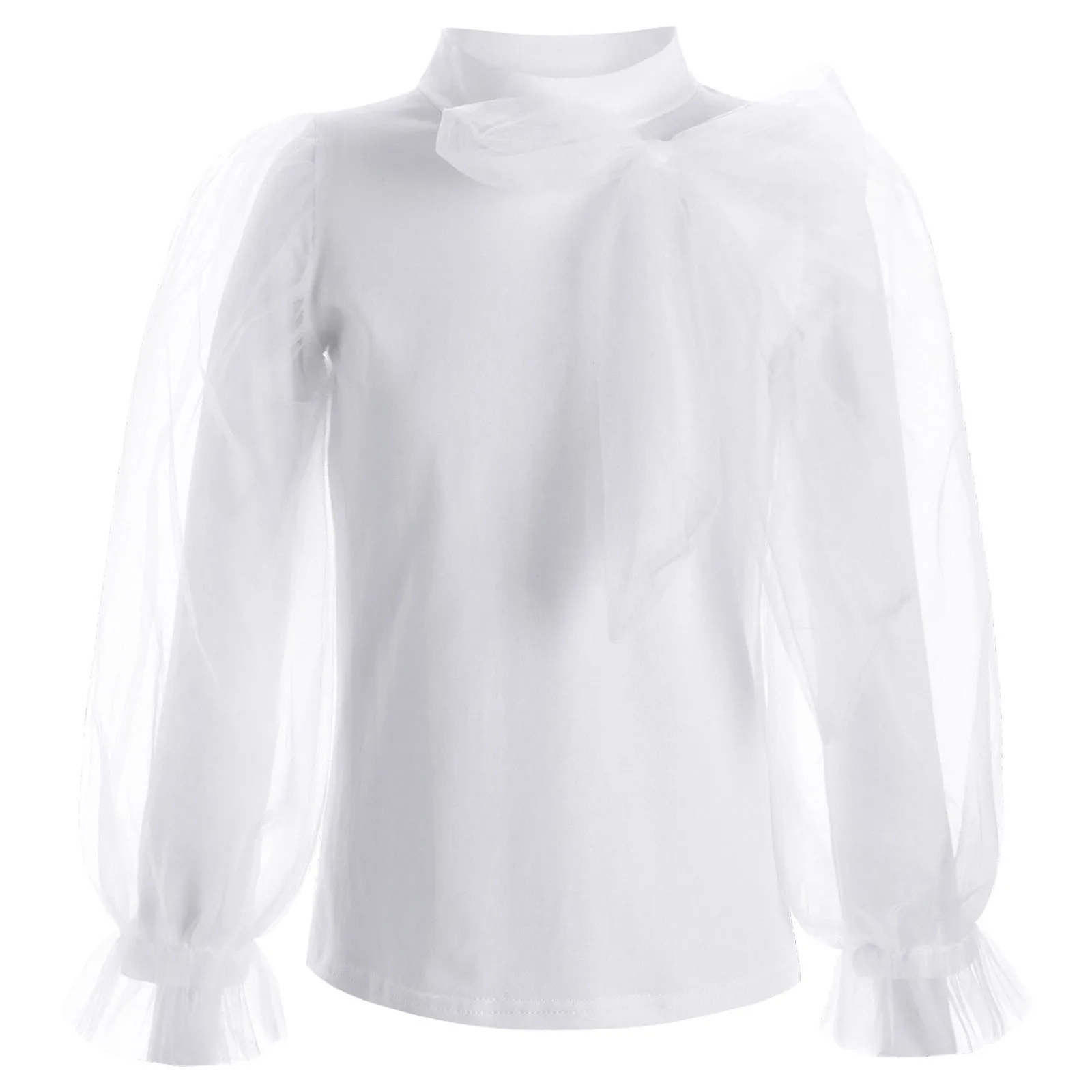 Girl's Ruffle Mock Neck Long Sleeve Blouse Top Casual Solid Bow Front T-shirt Sheer Mesh Overlay Undershirt