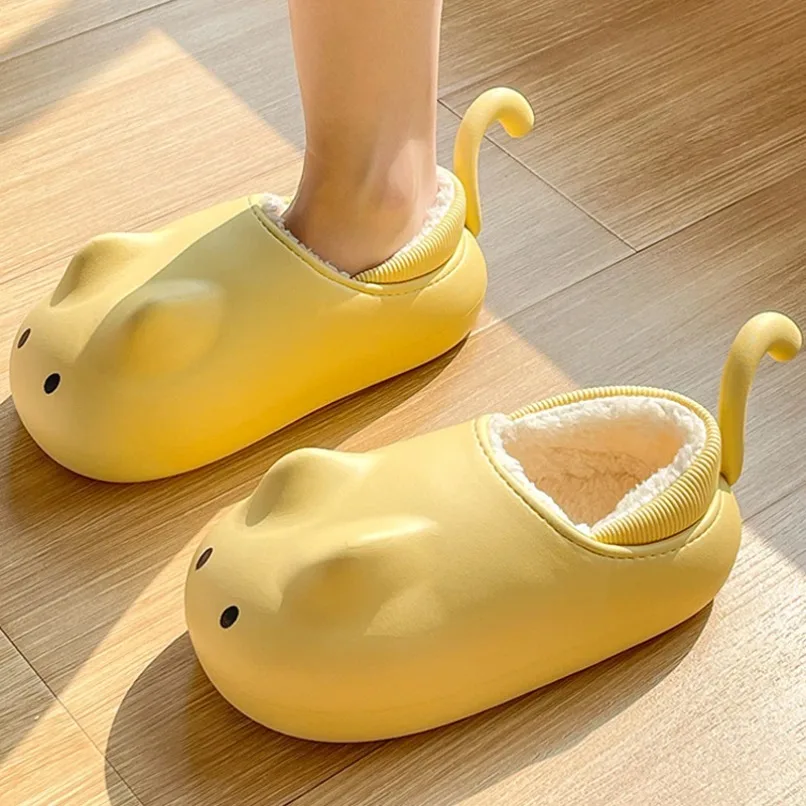 

Fuzzy Slipper Women Cartoon Bear Winter Fur Contton Warm Non Slip Grip Home Indoor Lazy Female Plush Floor Shoe Flat Male Men