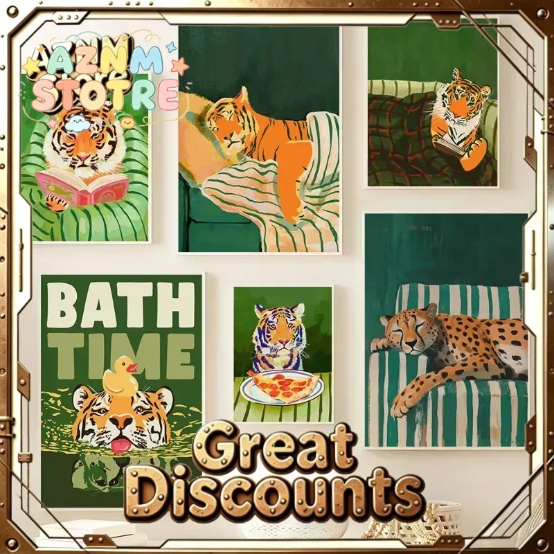 Retro Emerald Green Tiger Sleepy Leopard Abstract Funny Animal Aesthetic Poster Canvas Painting Wall Art Pictures Home Decor