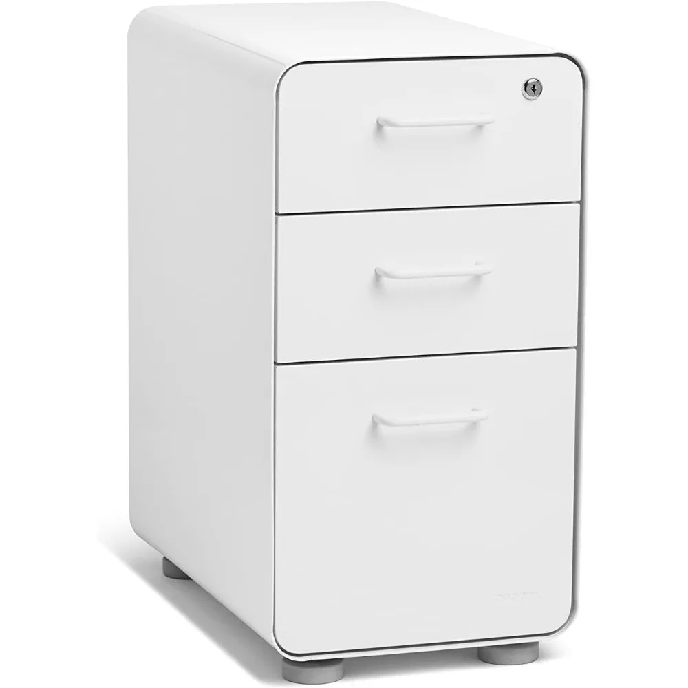 Slim Stow 3-Drawer File Cabinet - White. 2 Utility Drawers and 1 Vertical Hanging File Drawer. Fully Painted Inside and Out.