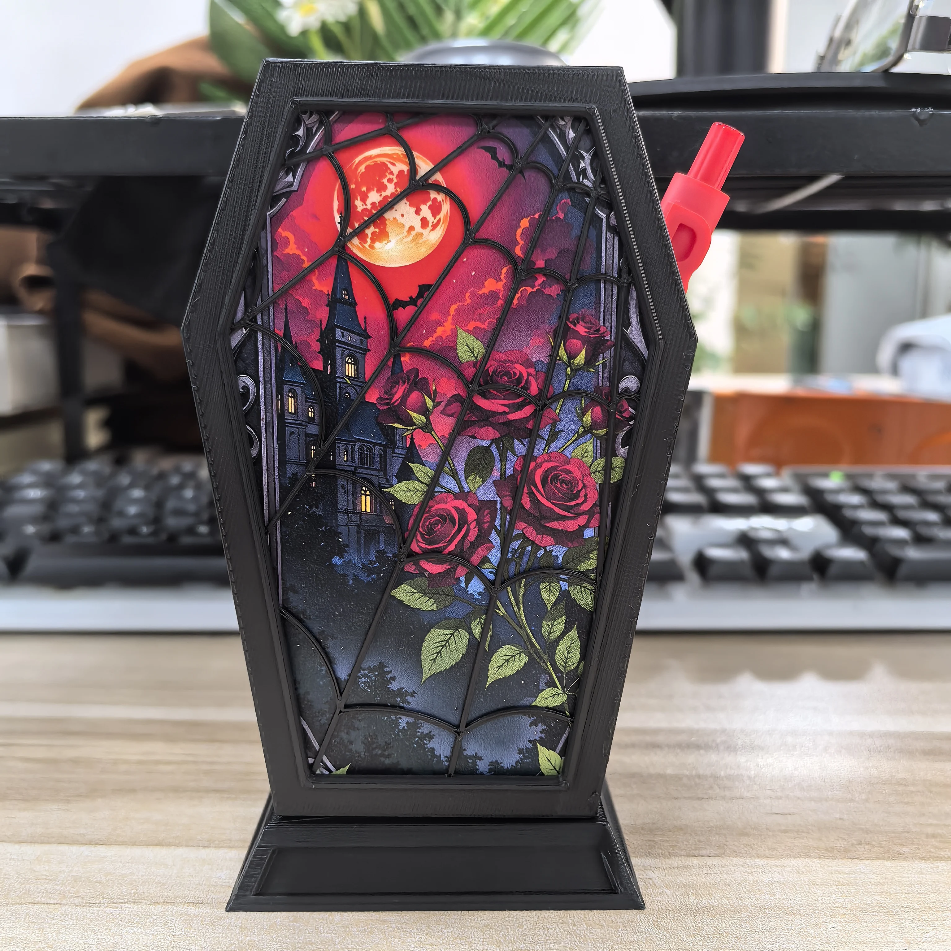 

Gothic Coffin Pen Holder Red Blood Moon Vampire Castle & Rose Print Desktop Organizer, Spider Web Pattern Stationery Storage Box