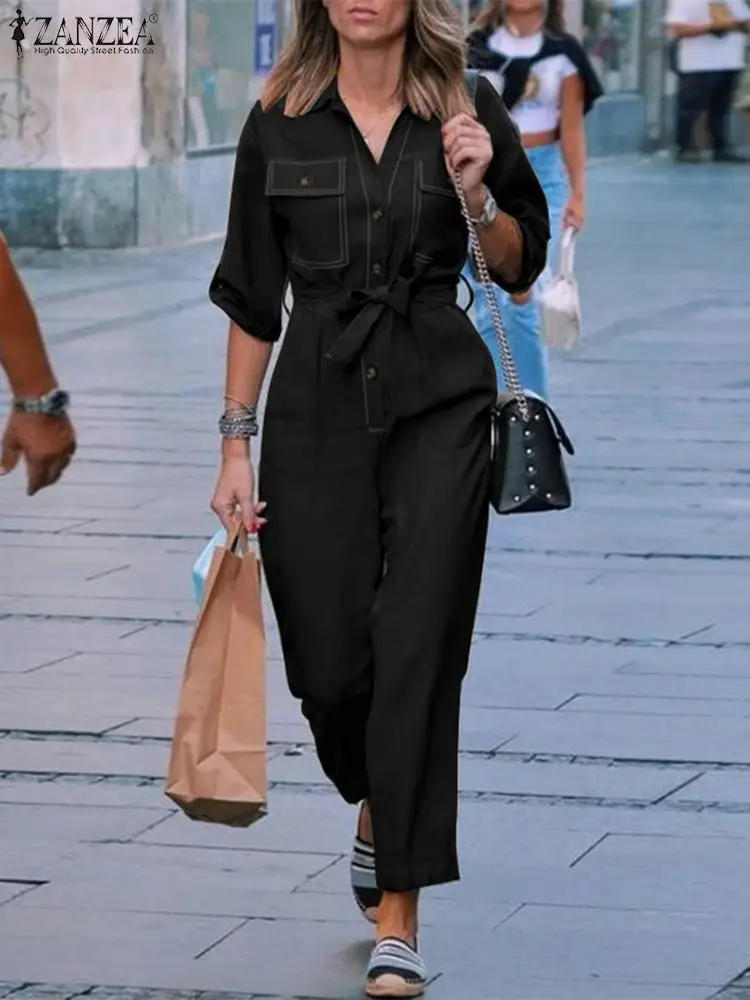

ZANZEA Women Fashion Lapel Neck 3/4 Sleeve Rompers Summer Casual Solid Long Playsuits Elegant Cargo Overalls OL Work Jumpsuits