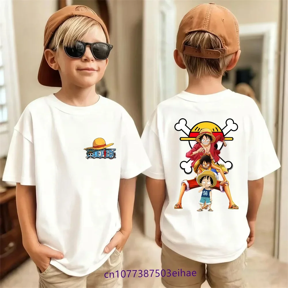 

One Piece Cartoon Print Children Short Sleeve T-Shirt Pure Cotton Soft Fabric Breathable Tops For Boys And Girls Aged 3-14 Years