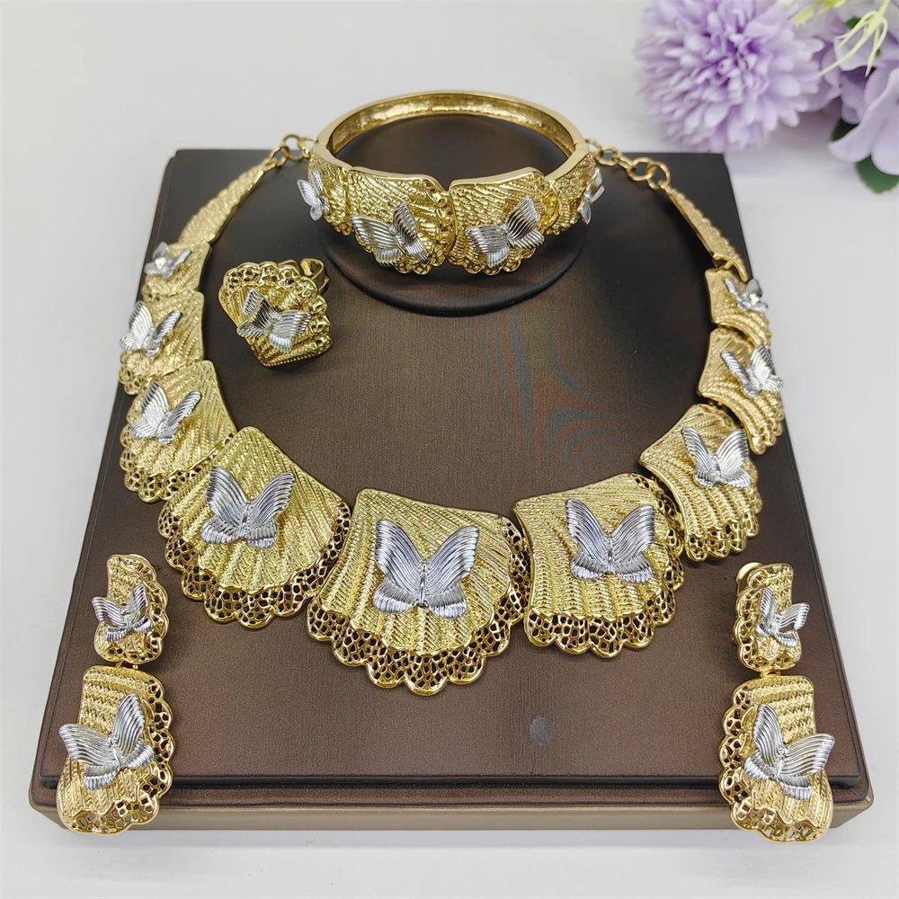 

18K Gold Plated Jewelry Set Fashion Statement Necklace Cuff Bracelet Flower Earrings Bow Ring For Women Wedding Gift