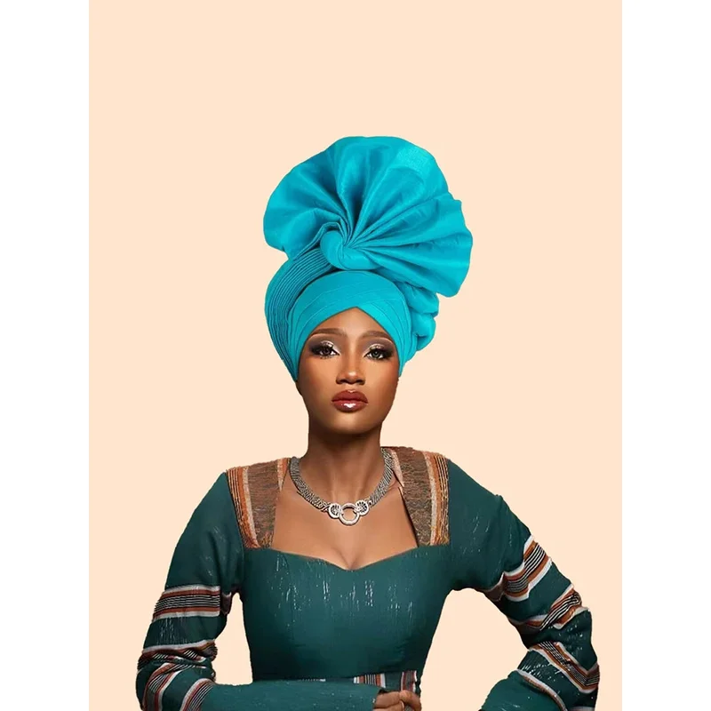 Hot African Female Turban Cap Women's Autogele Headtie Nigeria Raw Silk Fan Yellow Wedding Party Head Wraps Headwear Turbante