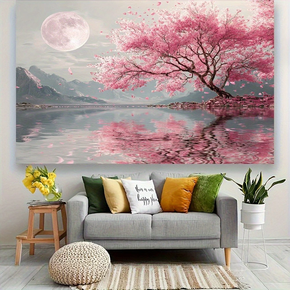 1pc Cherry blossom print tapestry, made of polyester, machine washable, suitable for bedroom and living room decoration.